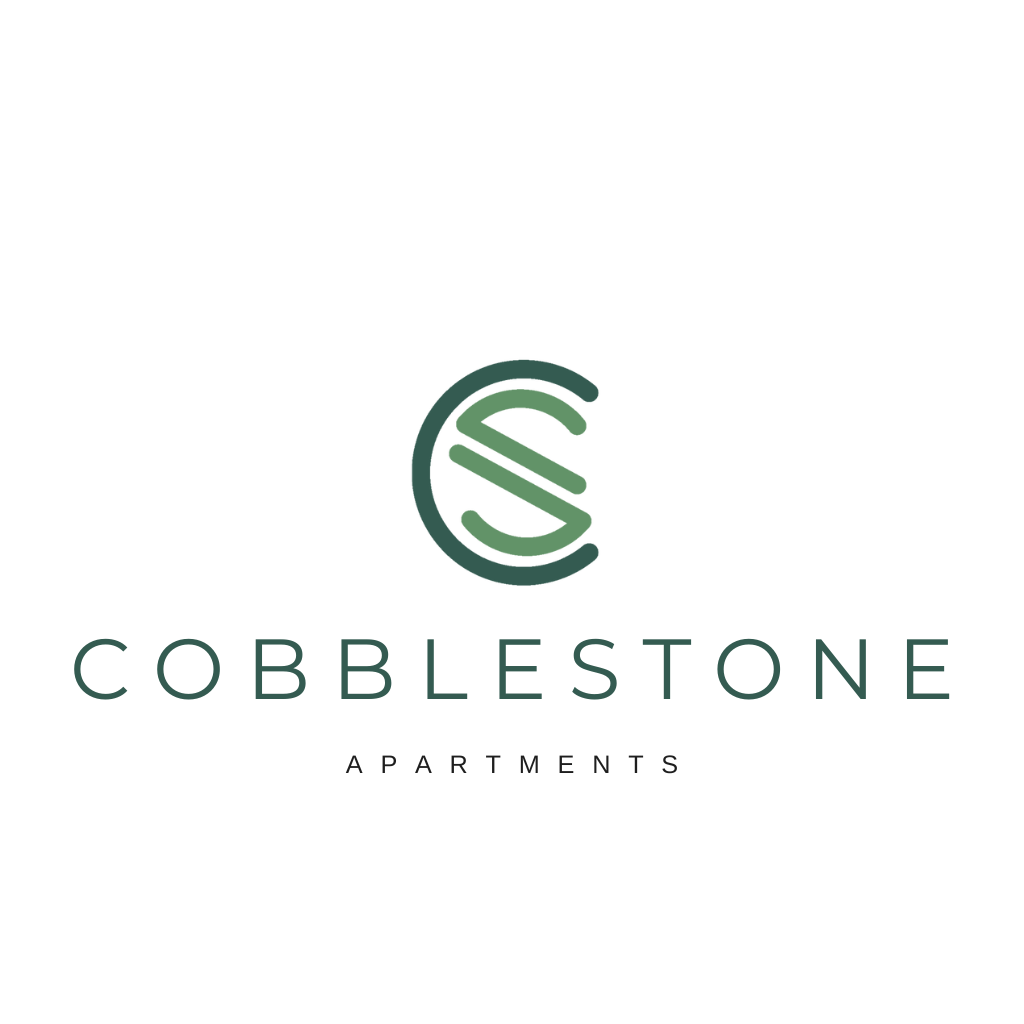 The image is a logo for Cobblestone Apartments.